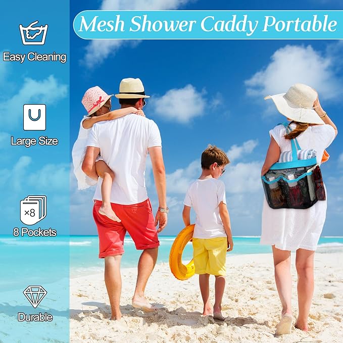 Hillban 4 Pcs Mesh Shower Caddy Portable Large Quick Dry Shower Caddy Basket with Deeper 8 Pockets and 2 Handles Hanging Bag for College Dorm Room(Blue)