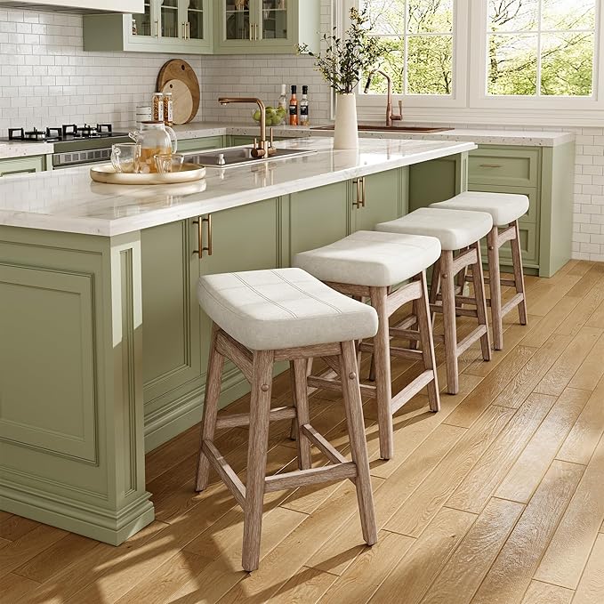 MAISON ARTS Counter Height Bar Stools Set of 2 for Kitchen Counter Solid Wood Legs with Fabric Saddle Seat Farmhouse Barstools for 34"-38" Counter Island Upholstered Stools, 24in, Creamy White