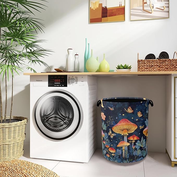 Mushroom Laundry Basket,Butterfly Moon Foldable Oxford Cloth Tote Bag Laundry Hamper Clothes Storage Bucket Organizer for Bedroom Laundry Storage Dormitories 16" x 20.8"