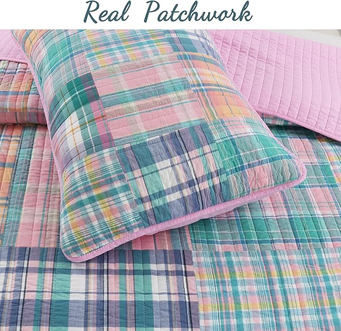 Cozy Line Home Fashions 100% Cotton Real Patchwork Pink Blue Green Reversible Quilt Bedding Set, Bedspread, Coverlet (Pink Plaid, Twin - 2 Piece)