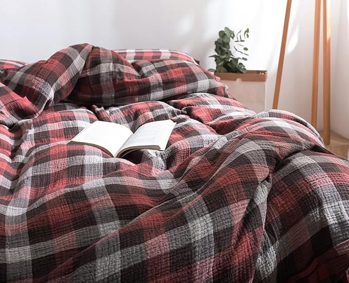 VM VOUGEMARKET Christmas Red Gingham Duvet Cover King Muslin Cotton Plaid Bedding Set Soft Breathable Linen Like Gauze Comforter Cover with Zipper Closure for Adults-3 Pieces,104"x90"
