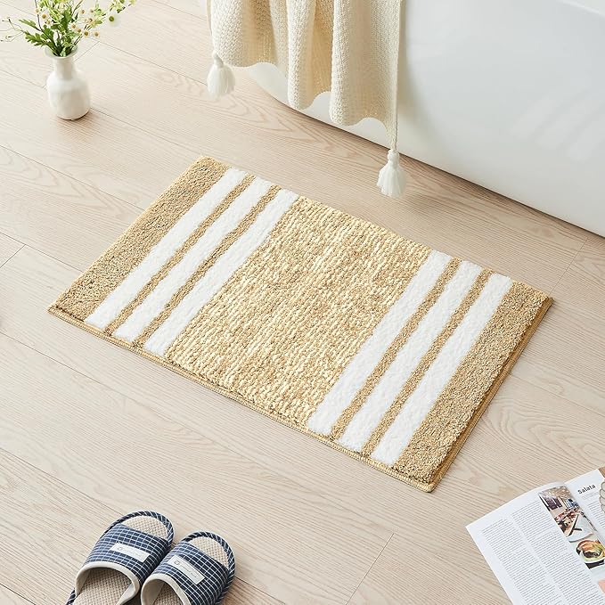 CozeCube Bath mats for Bathroom Non Slip, Fluffy Absorbent Microfiber Bath mat Washable, Aesthetic Bathroom Rugs, Small Beige Striped Bath mat, Beige, 24" x 16"