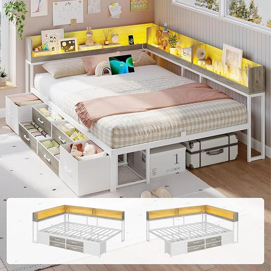 VIAGDO Corner Bed Frame Full with Storage Bookcase and 6 Drawers, Metal Platform Corner Bed Frame with LED Lights and Charging Station, Full Daybed for Kids Teenagers, White & Grey