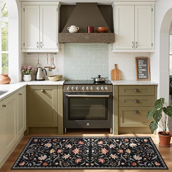 Lahome Boho Floral 2x6 Rug Runners for Hallways Non Slip, Black Kitchen Runner Rugs Non Skid Washable Bathroom Carpet Runner, Soft Non-Slip Runners for Entryway Laundry(Black,2x6)