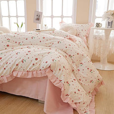 MKXI Strawberry Print Comforter Set - Pink and White Ruffled Bedding with Floral Accents, Soft Microfiber, 3-Piece Twin XL Size, Lightweight and Cozy for Kids, Teens, and Adults