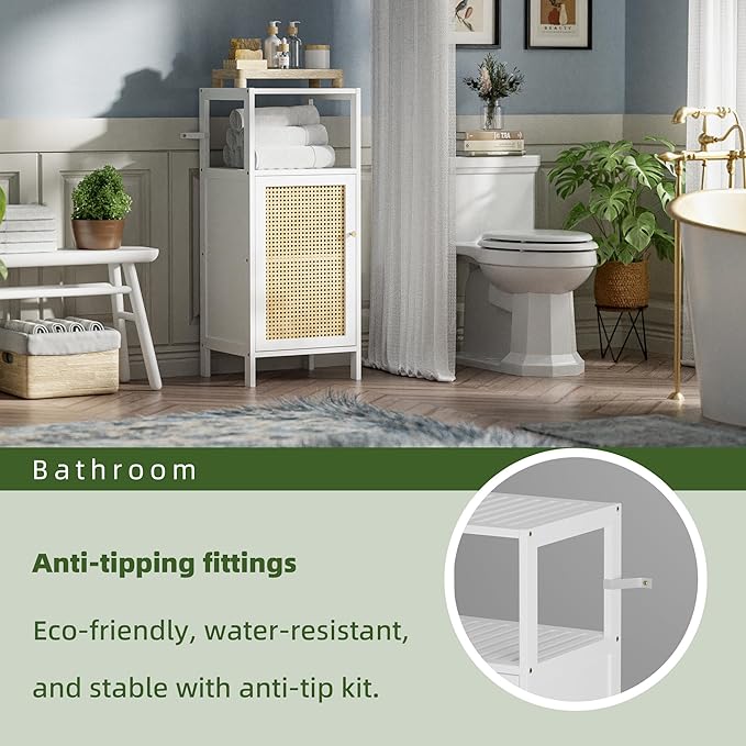 Bamboo Floor Rattan Cabinet, Narrow Bathroom Storage Organizer Rack, Space Saving Wood Kitchen Cupboard, Hallway Side Table, Living Room Stand with Single Door and 1 Shelf (White)