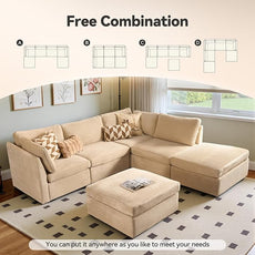 Large 6 Seat Modular Sectional Sofa with Ottoman Seat Corduroy Sleeper Sectional Sofa Bed Oversized Convertible Modular Couch for Living Room
