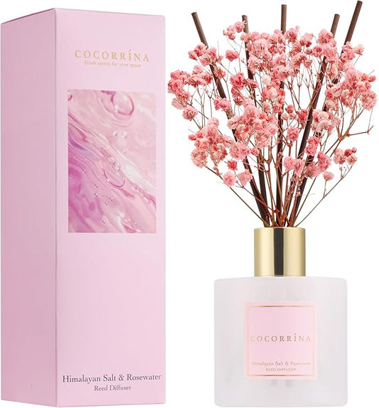 COCORRÍNA Reed Diffuser - Himalayan Salt & Rosewater 6.7 Fl.oz Reed Diffuser Set with Sticks & Preserved Baby's Breath, Reed Diffuser for Home Bathroom Shelf Decor