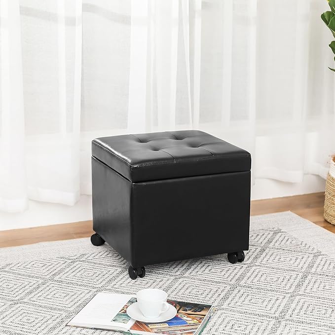 Ottoman with Wheels, 17 Inch Ottoman Footstool with Wheels, Small Square Faux Leather Ottomans Foot Rest Black Rolling Storage Bench, Hassocks and Ottomans, Footstools for Living Room
