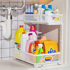 Under Sink Organizer, High Adjustable 2 Tier Under Sink Organizers and Storage, Slide Out Metal Cabinet Organizers, Pull Out Sink Storage Drawer Shelf for Kitchen Bathroom Cabinet, White, 1 Pack