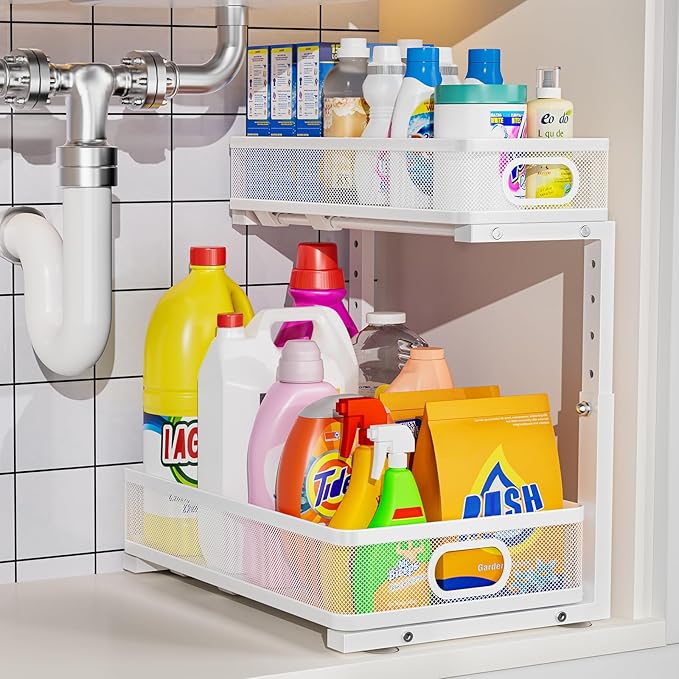Under Sink Organizer, High Adjustable 2 Tier Under Sink Organizers and Storage, Slide Out Metal Cabinet Organizers, Pull Out Sink Storage Drawer Shelf for Kitchen Bathroom Cabinet, White, 1 Pack