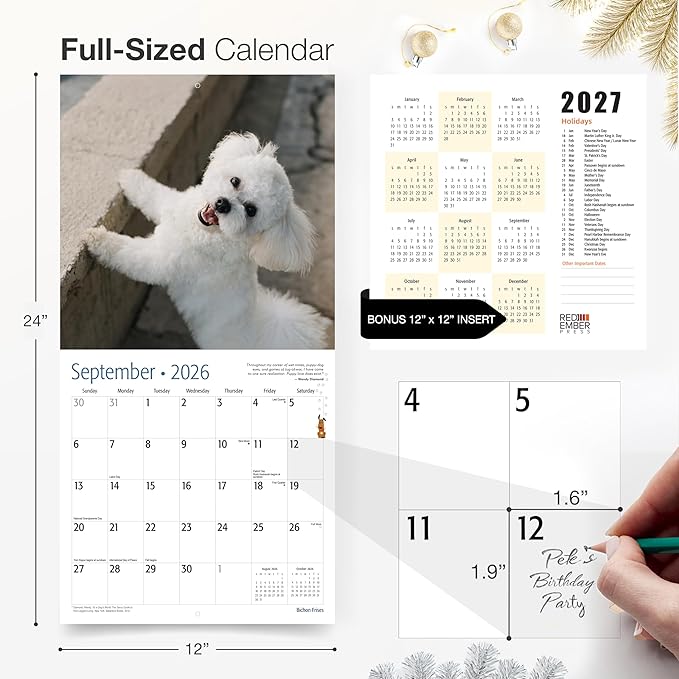 RED EMBER Bichon Frises 2026 Wall Calendar 12 Month | 12" x 24" Open | Thick & Sturdy Paper | Holiday Gift | Cute Puppy Dog Calendar 2026