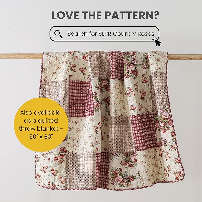 SLPR Country Roses Patchwork Cotton Pieced Quilt Set - Queen Size with 2 Shams, French Country Style Floral Bedding, Red Rose Farmhouse Quilted Bedspread with Flower Pattern