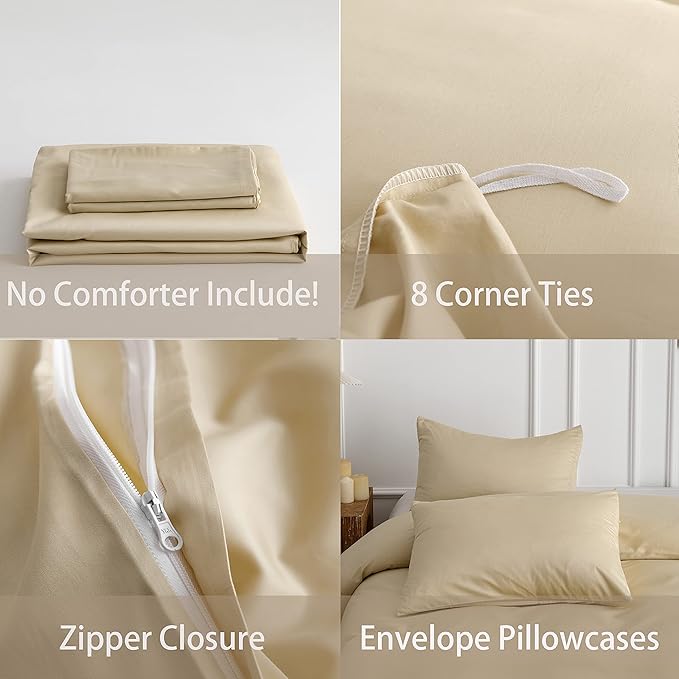 HeimenAogo Egyptian Cotton Duvet Cover Full Sateen Weave, Silky Soft and Breathable Bedding Set with Zipper Closure, Long Staple Cotton Bed Linen Cream 3Pcs (80"×90")