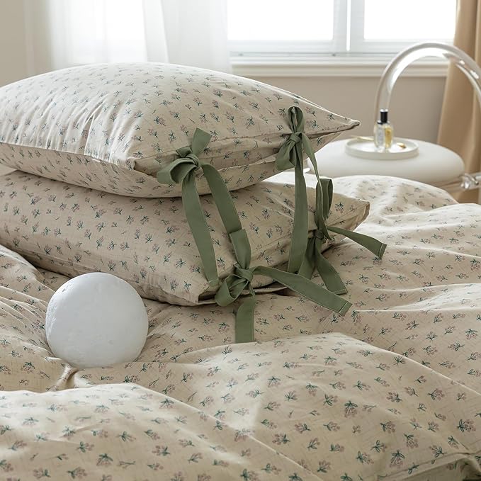 HighBuy Soft Cotton Duvet Cover Full Girl Floral Coquette Bedding Boho Duvet Cover Full with 2 Bowknot Bow Tie Pillowcases,Fresh Garden Floral Comforter Cover Coquette 3 Piece Bedding Set