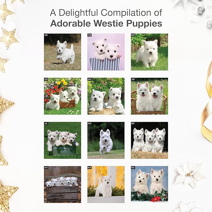 RED EMBER Westie Puppies West Highland White Terrier 2026 Wall Calendar 12 Month | 12" x 24" Open | Thick & Sturdy Paper | Holiday Gift | Cute Puppy Dog Calendar 2026