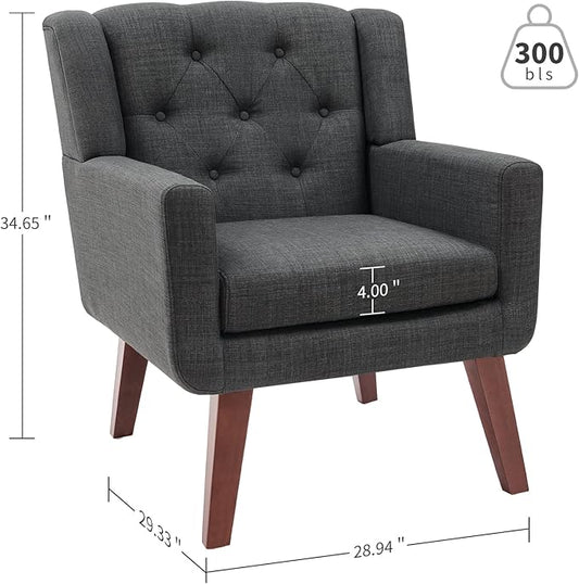 Accent Chair Button-Tufted Upholstered Living Room Chairs Comfy Reading Chair Mid Century Modern Chair with Linen Fabric Lounge Arm Chairs for Living Room Bedroom (Grey)