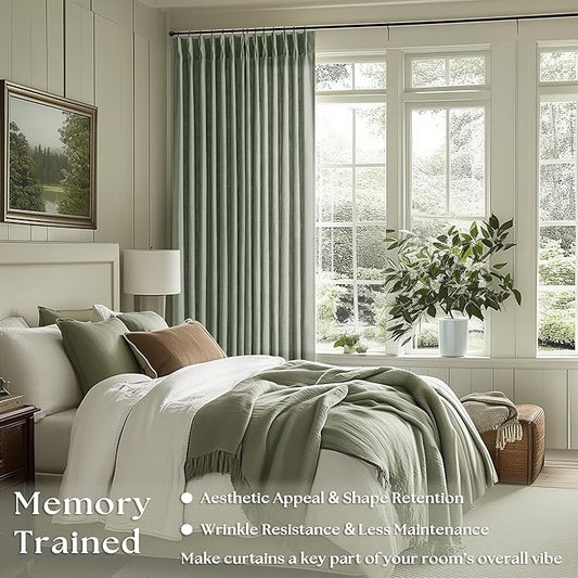 Sage Green Linen Curtains 102 Inches Long 2 Panels for Living Room Modern Thick Linen Flax Pinch Pleated Memory Trained Light Filtering Ceiling Semi Sheer 102 Inch Curtain with Hook Rings Back Tab