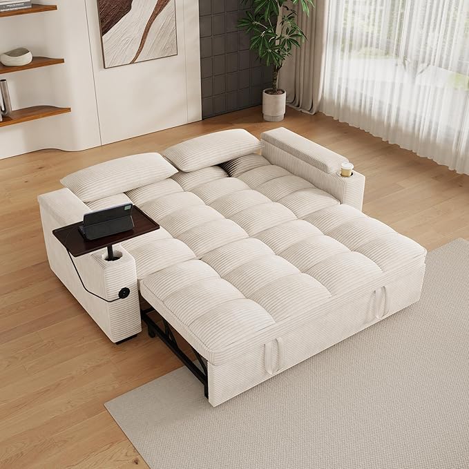 65" Sofa Bed, Loveseat 3-in-1 Sleeper Sofa with Pull Out Bed, 360° Swivel Side Table and USB, 2 Seater Convertible Small Couch for Living Room Apartment (Beige, Corduroy)