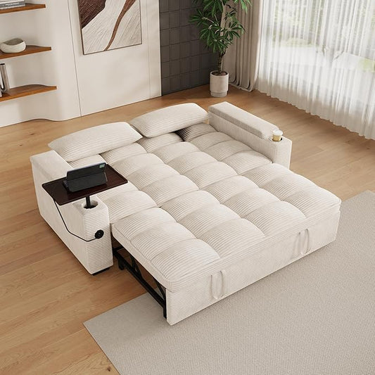 65" Sofa Bed, Loveseat 3-in-1 Sleeper Sofa with Pull Out Bed, 360° Swivel Side Table and USB, 2 Seater Convertible Small Couch for Living Room Apartment (Beige, Corduroy)