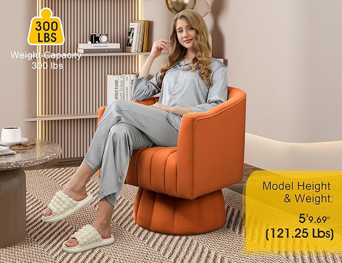 Accent Chair Mid Century 360 Degree Swivel Chair,Modern Lounge Sofa Round Barrel Chair with Wide Upholstered,Fluffy Velvet Fabric Chairs for Home Sofa Living Room/Bedroom/Waiting Room (Orange)