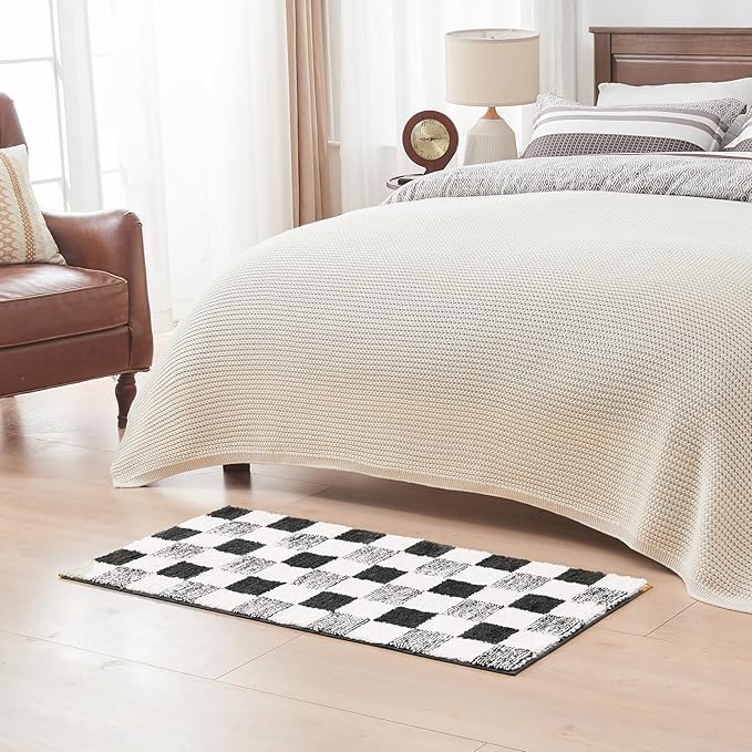 CozeCube Bath mats for Bathroom Non Slip, Fluffy Absorbent Microfiber Bath mat Washable, Aesthetic Bathroom Rugs, Long Jet Black Checkered Bath Runner, Jet Black, 59" x 24"