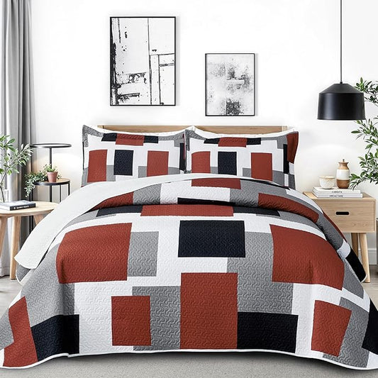 3 Piece Burnt Orange Grey Quilt Set King Size Black White Gray Geometric Reversible Bedding Set Microfiber Lightweight Bedspread Coverlet with 2 Shams Bed Covers for All Season, 106''x96''