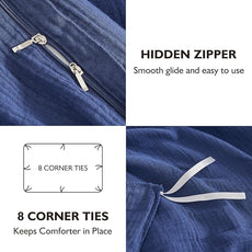 EMME Muslin Cotton Duvet Cover Set Navy King Size Linen Like Soft Breathable Lightweight Summer Comforter Cover Set with Zipper Closure (Navy, King, 104