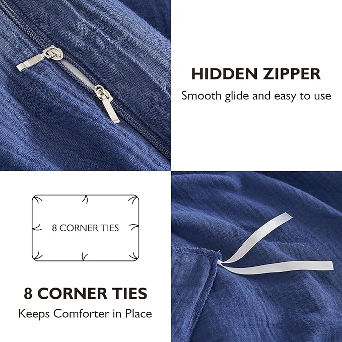 EMME Muslin Cotton Duvet Cover Set Navy Queen Size Linen Like Soft Breathable Lightweight Summer Comforter Cover Set with Zipper Closure (Navy, Queen, 90"x90")