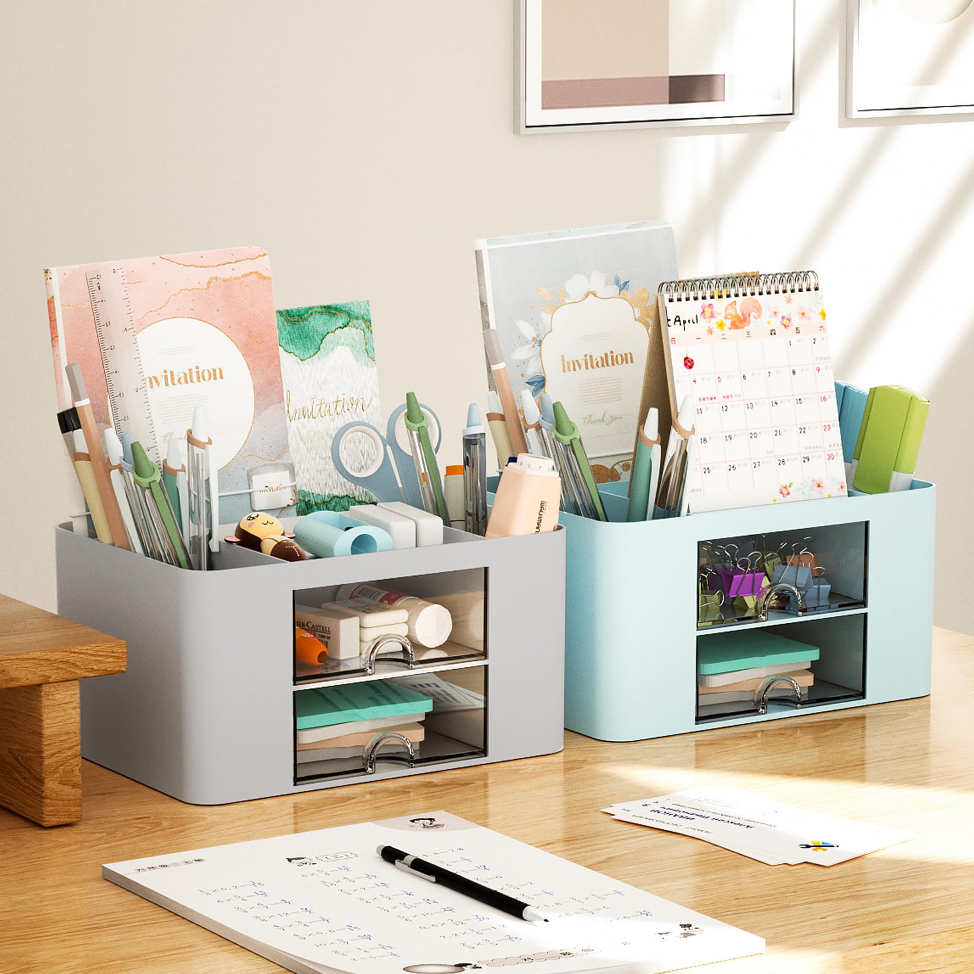 Marbrasse Pen Organizer with 2 Drawer, Multi-Functional Pencil Holder for Desk, Desk Organizers and Accessories with 5 Compartments + Drawer for Office Art Supplies (Blue) Dormly