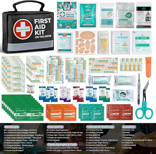 General Medi First Aid Kit - 150 Pieces Small Compact First Aid Kit Bag - Includes Instant Cold Pack, Emergency Blanket for Travel, Home, Office, Vehicle, Camping