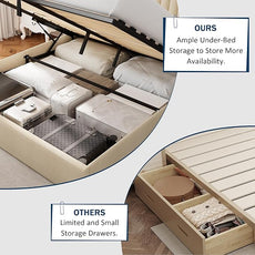 Full Size Lift Up Storage Bed, Upholstered Platform Bed Frame with Wingback Headboard, Hydraulic System, Solid Wooden Slats Support, Noise-Free, No Box Spring Needed, Easy Assembly, Beige