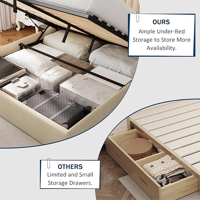 Queen Size Lift Up Storage Bed, Upholstered Platform Bed Frame with Wingback Headboard, Hydraulic System, Solid Wooden Slats Support, Noise-Free, No Box Spring Needed, Easy Assembly, Beige