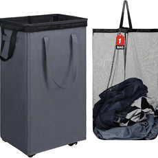 DOKEHOM 90L X-Large Laundry Basket with Removable Wash Bag on Wheels, Collapsible Rolling Laundry Hamper, Foldable Clothes Organizer, Folding Washing Bin (Grey)