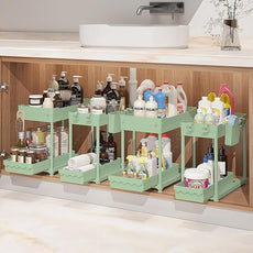Under Sink Organizer, Bathroom Organizers and Storage, 2 Tier Multi-Use Pull Out Cabinet Organizer with Hang Hooks and Cups (Green, 4 Pack)