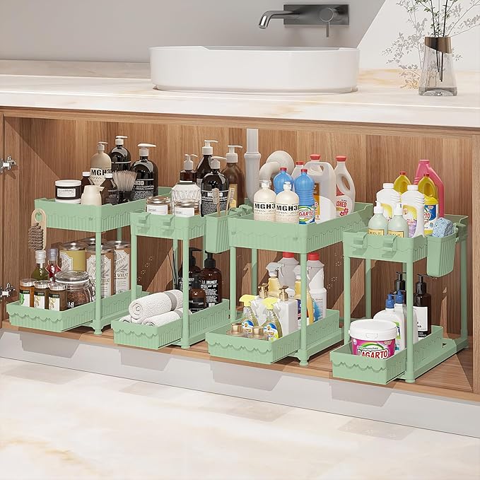 Under Sink Organizer, Bathroom Organizers and Storage, 2 Tier Multi-Use Pull Out Cabinet Organizer with Hang Hooks and Cups (Green, 4 Pack)