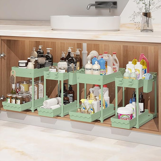 Under Sink Organizer, Bathroom Organizers and Storage, 2 Tier Multi-Use Pull Out Cabinet Organizer with Hang Hooks and Cups (Green, 4 Pack)
