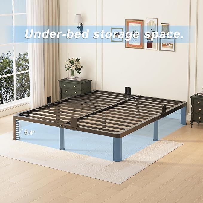 10 inch Full Size Bed Frame with Round Corner Legs Mattress Slide Stopper,Low Profile Heavy Duty Metal Platform,Steel Slat Support,No Box Spring Needed,Easy Assembly,Noise Free