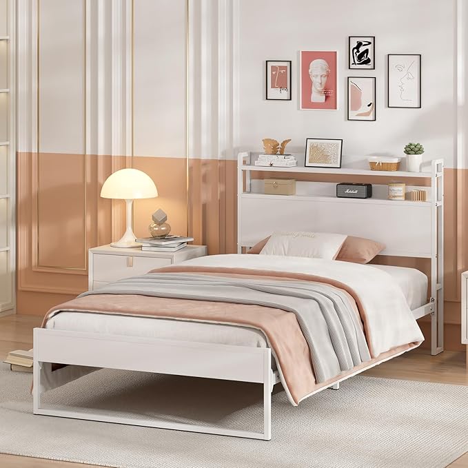 Elephance Twin Bed Frames,Metal Platform Bed Frame with 2-Tier Storage Headboard, No Box Spring Needed, Noise Free, Easy Assembly,White