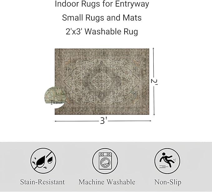 RCTJHOME 2'x3' Washable Entryway Rugs, Indoor Door Mat with 4 Non-Slip Tapes, Kitchen Bathroom Front Door Mat Indoor Entrance, Small Rugs and Mats, Distress Floral Forest Green
