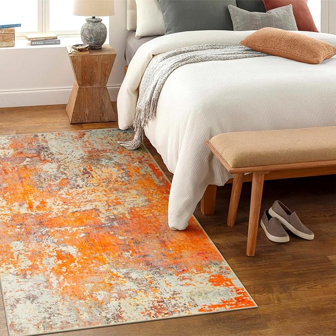 Lahome Modern Abstract Area Rug - Soft 3x5 Rugs for Bedroom Washable Living Room Entryway Rug, Contemporary Non Slip Indoor Accent Carpet for Nursery Office Kitchen Bathroom, Orange/Yellow