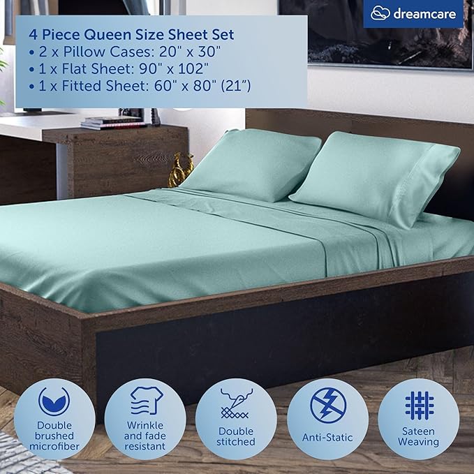 DREAMCARE Queen Sheet Set – 4 pcs Cooling Sheets – up to 21” Extra Deep Pocket Queen Sheets – Hotel Luxury Sheets & Pillowcases – Superior Softness 100% Microfiber with Side Pocket - Spa Blue DREAMCARE