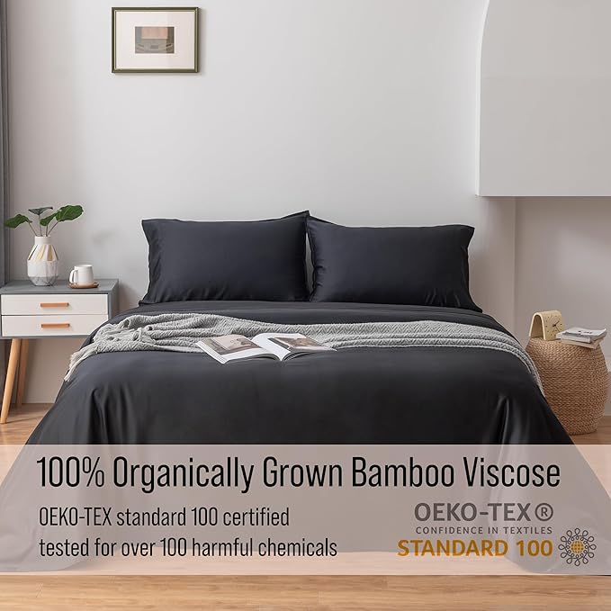 Bella Coterie Luxury Bamboo Viscose Split King Size Sheet Set | 2 Fitted Sheets for Sleep Number & Adjustable Beds | 100% Organically Grown | Cooling & Ultra Soft | 18” Deep Pocket [Black]