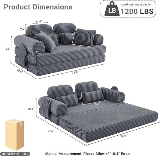 Convertible Sofa Bed with Fixed Frame, Corduroy Futon Boneless Couch with Pillow Headrest, No-Assembly Floor Sofa 79" Extra-Wide Sleeper for Living Room, Bedroom, Lounge, Studio (Dark Gray)