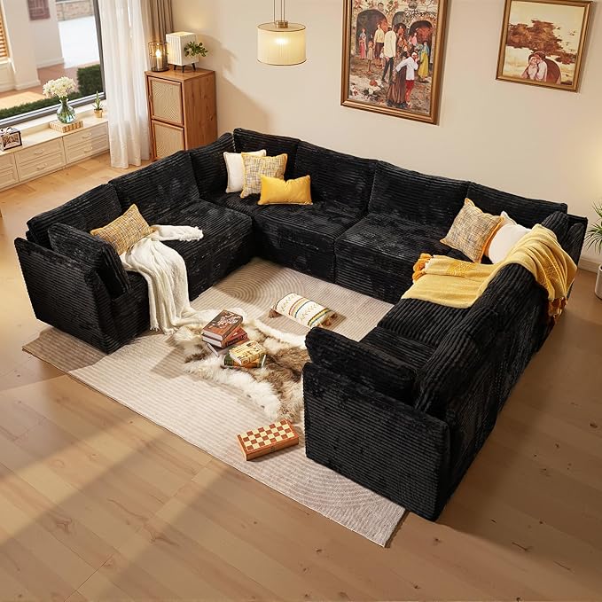 Large 8 Seat Modular Sectional Sofa with Ottoman Seat Corduroy Sleeper Sectional Sofa Bed Oversized Convertible Modular Couch for Living Room