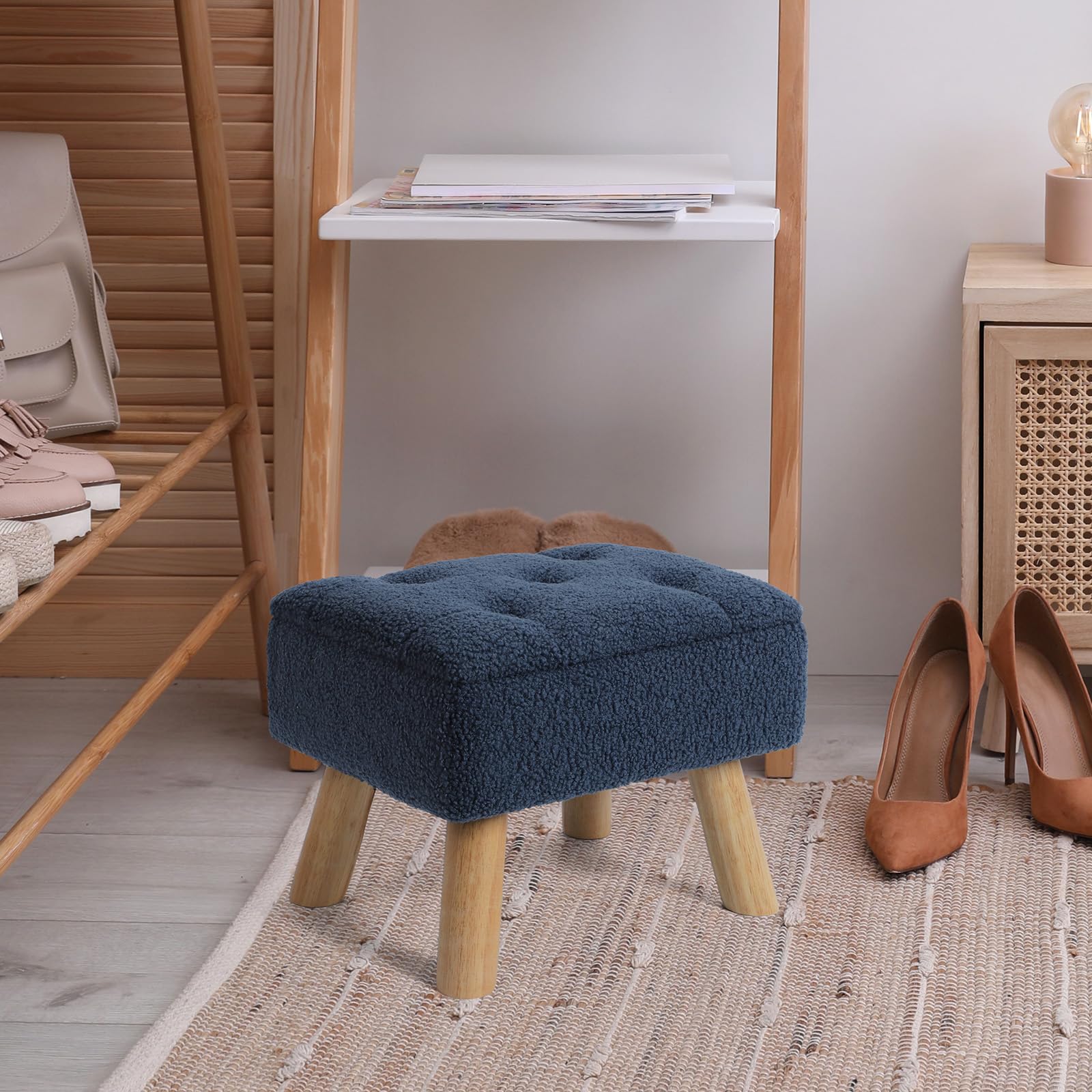 OGEMXU Storage Ottoman, Small Foot Stool Ottoman with Storage, Boucle Teddy Velvet Foot Rest with Padded Seat, Sturdy Wood Legs Stool for Living Room, Bedroom, Couch, Enterway (Cream) Dormly