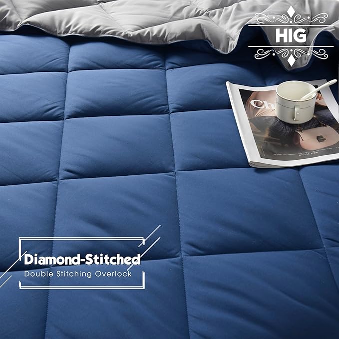 HIG 3pc Navy Twin/Twin XL Comforter Set - All Season Reversible Down Alternative Comforter with Sham - Quilted Duvet Insert with Corner Tabs - Diamond Stitched Blanket - Breathable, Soft, Fluffy