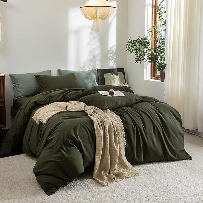 FOSSA Duvet Cover Set 100% Washed Cotton Linen Feel Super Soft Breathable Cozy 3 Pieces Bedding Sets Solid Olive Green Twin