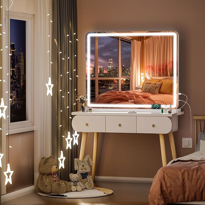 Hasipu Vanity Mirror with Lights, 47.2" x 30" LED Makeup Mirror, Lighted Makeup Mirror with Dimmable 3 Modes, Touch Screen Control Vanity Mirror Round White