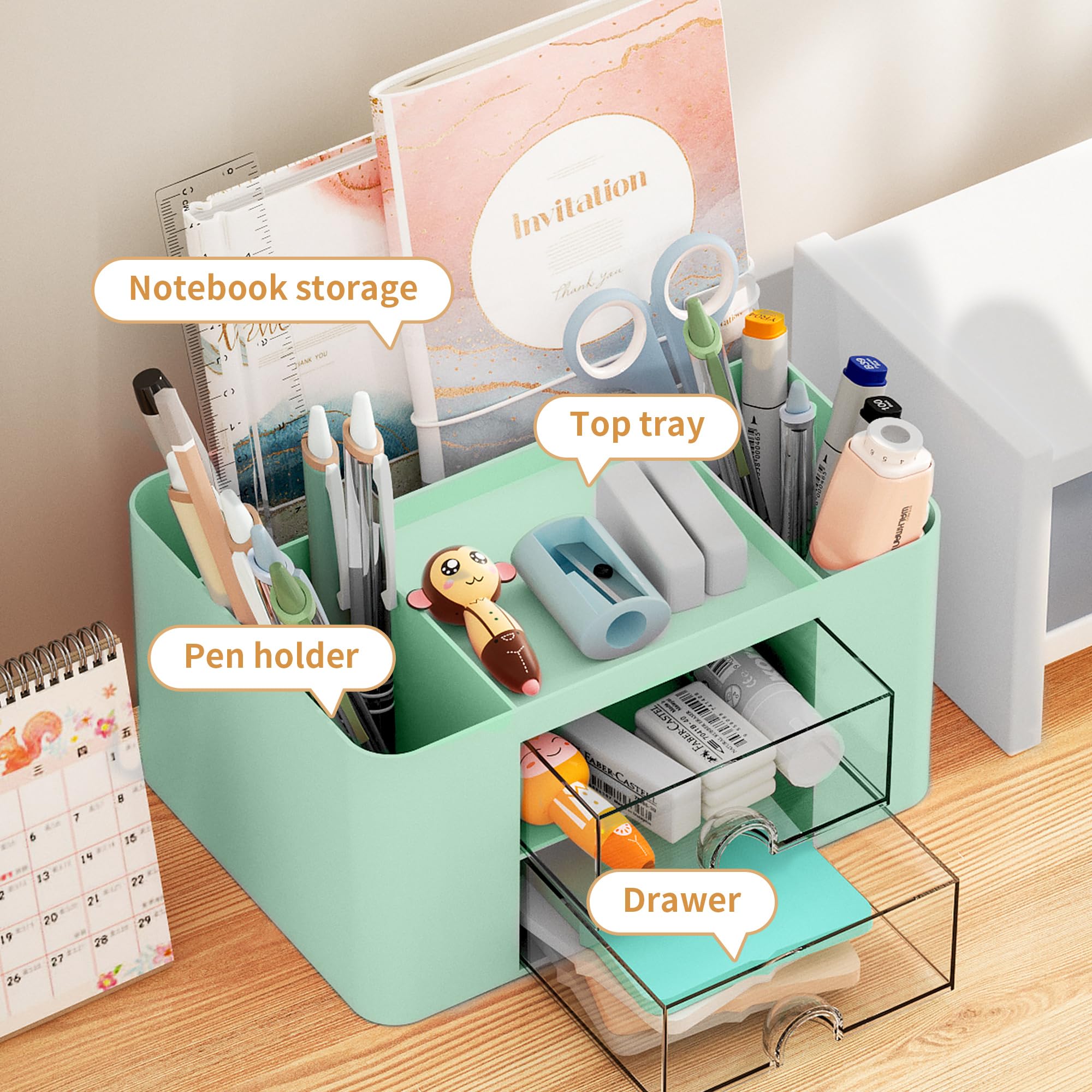 Marbrasse Pen Organizer with 2 Drawer, Multi-Functional Pencil Holder for Desk, Desk Organizers and Accessories with 5 Compartments + Drawer for Office Art Supplies (Blue) Dormly